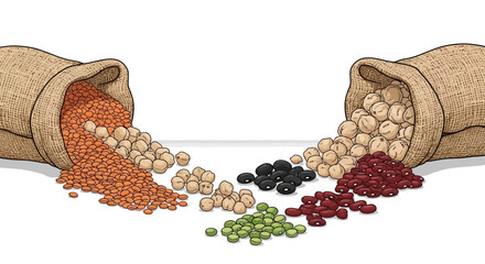 Illustration of various types of legumes and nuts spilling out of burlap sacks against a clean white background.