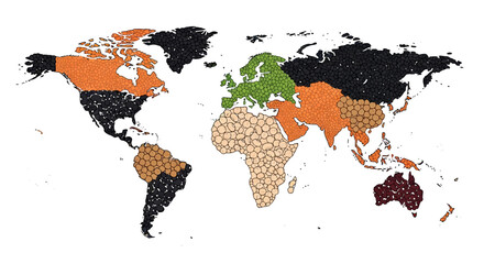 Illustrated world map with countries colored and patterned with various nut and grain textures on a white background.