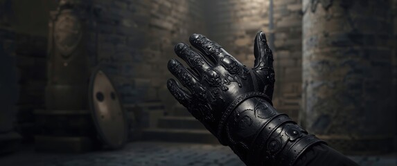 Obraz premium Hand gloves in medieval armor, black metal shield, fantasy castle, old military steel design