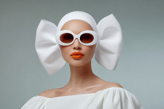 Fashion model portraying avant garde style, wearing a white head covering with large bows and statement oval sunglasses