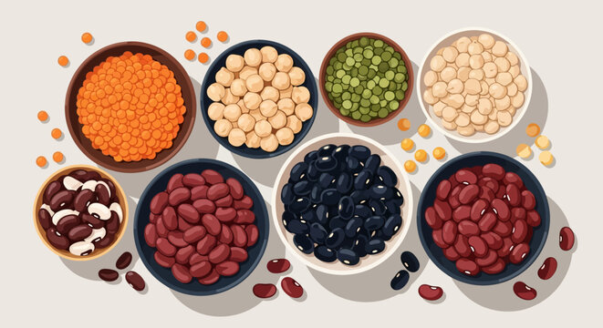 Illustration of various types of beans and nuts in bowls, including lentils, peanuts, and chickpeas, on a light background for World Pulses Day, showcasing different grains.