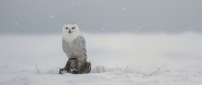 Bubo scandiacus, or the snowy owl, is a captivating nocturnal predator of the Strigidae family, recognized for its beautiful portrait-style appearance against a natural snow-covered environment