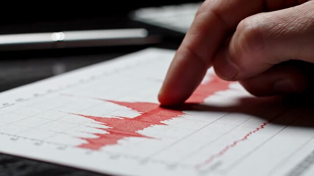 Macro view of scientist's finger tracing red peaks on printed seismogram, analyzing earthquake intensity and ground motion data during geological research in professional laboratory.