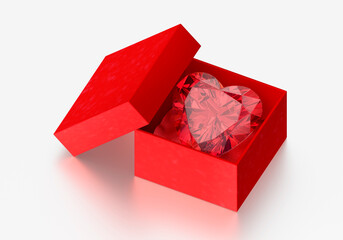 A red heart shaped diamond in a red box on white background