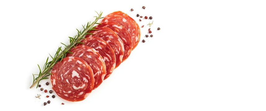 Milano Salami slices with rosemary and peppercorns, isolated on white background