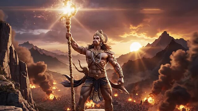 Mighty Hanuman Overlooking Fiery Battleground - A digital video depicts Hanuman, a mighty, mythical warrior, standing atop a rocky outcrop holding a glowing staff.