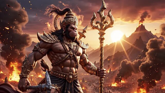 Hanuman overlooking a fiery battlefield - This video depicts a muscular Hanuman, holding a staff, standing before a fiery battleground with mountains in the distance.