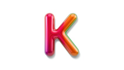 Shiny multicolor letter K in plastic gradient tones with solid typeface, featured on a white background for visual branding, Earth Day