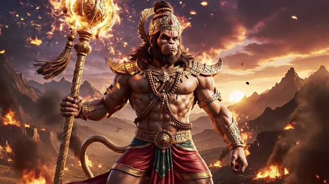 Hanuman Overlooking Fiery Battleground - Illustration of Hanuman, the mighty mythical warrior, holding a golden staff, overlooking a fiery battleground with mountains silhouetted against a sunset sky.