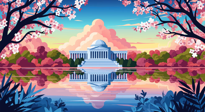 Washington DC Jefferson Memorial cherry blossom vector illustration reflecting in tidal basin water during spring