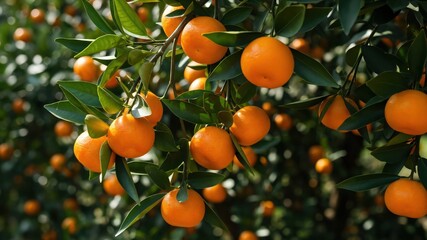 A Lush Citrus Orchard Filled with Bright, Ripe Oranges Hanging from Vibrant Green Leaves Under Clear Blue Skies, Capturing the Essence of Nature's Bounty