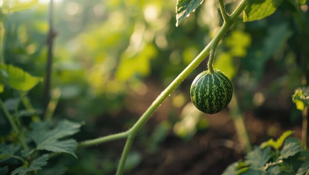 Cucamelon plant in a compact organic garden setting, highlighting natural growth techniques
