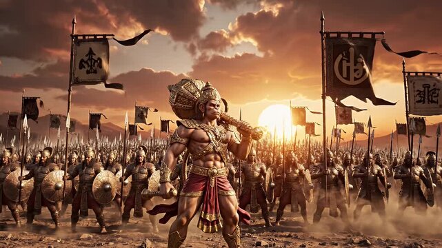 Powerful Hanuman Warrior Leading an Ancient Army - This video depicts the mythological warrior deity Hanuman standing powerfully before a large ancient army.