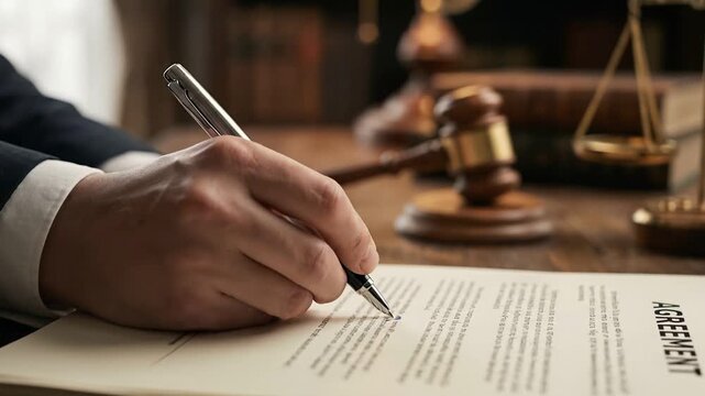 A lawyer signs an agreement in a courtroom. Focus on law, justice, attorney, and legal documents. Use for themes of law, signing contracts, legal process, or business agreements. The setting is a cour