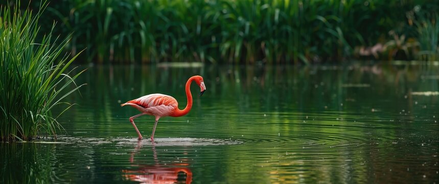 Graceful flamingos strolling in a pond surrounded by green grass
