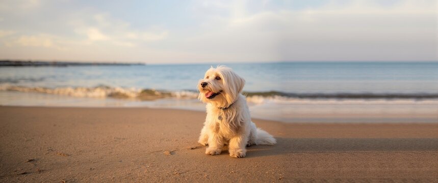 Havanese dog at Bibione, Italy, waiting for its human companion on the beach