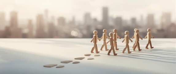 Wooden figures of people illustrating career advancement, personal growth, and business motivation. Leadership concepts. Various individuals. Chasing new opportunities. Talent management and employee