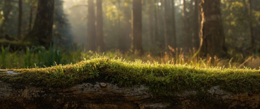 Morning sunlight bathes moss on pine wood, perfect for wallpaper and backgrounds