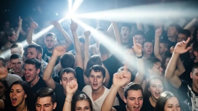 Crowd Dancing Under Strobe Lights at Nightclub Party