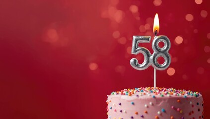 Birthday cake with candle number 58 on a vibrant rhodamine red textured backdrop, highlighting festive decoration and lighting
