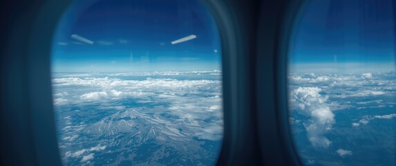 Fototapeta premium Airplane Window View of Clouds and Mountains Over Central Europe