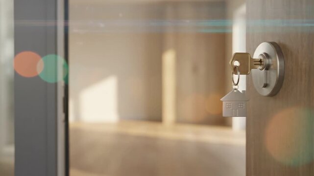 This video shows a key in a door opening into a new home. The scene evokes a feeling of excitement, potential, and fresh beginnings. Ideal for real estate promotions, relocation services, home buying 
