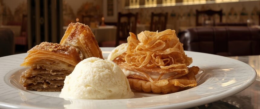Assorted Middle Eastern desserts like baklava, kadayif, and kunafa, served with ice cream on a white dish in a restaurant setting