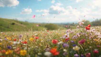 Obraz premium Colorful wild flowers in bright sunlight on a spring day, ideal for nature-themed layouts