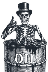 A smiling skeleton in a top hat sits in a barrel of oil giving a thumbs-up gesture. Satirical monochrome vector in a vintage engraving style.