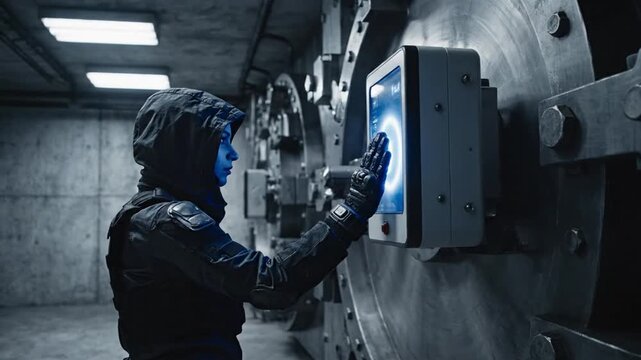 Person Approaching Giant Vault Door with Biometric Fingerprint Sensor