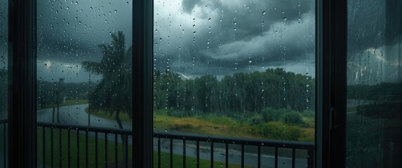 Naklejka premium Raindrops clinging to the window amidst a fierce hurricane with wind in nature