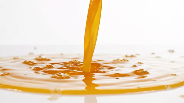Seamless loop of a glossy golden banana beverage being poured on a pristine white surface, emphasizing freshness and clean design close-up, motion graphics, glossy golden banana beverage