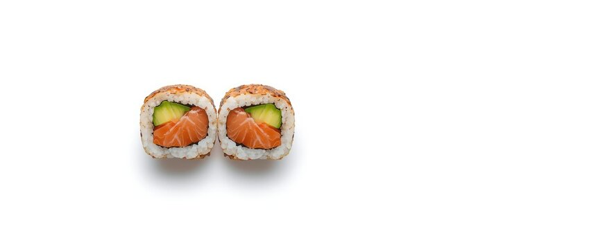 Two uramaki maki sushi rolls isolated against a white backdrop