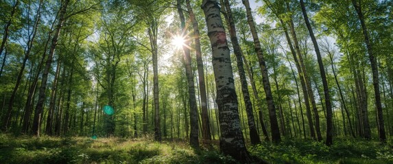 Obraz premium Sunny day in a green birch forest, public park scene, detailed view of tree trunks, pure sunlight and sunbeams
