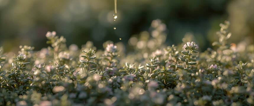 Essential oil of Thyme (thymus) against flowers and plants, shallow DOF, selective focus