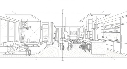 Obraz premium Modern interior design sketch of a spacious living room and dining area.