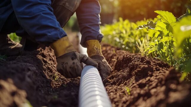 A gardener installs irrigation pipe in soil while working in a garden to support plant growth in the afternoon sun
