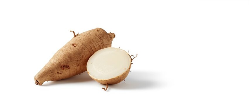 Fresh taro roots (colocasia) and a sliced piece displayed on a white background