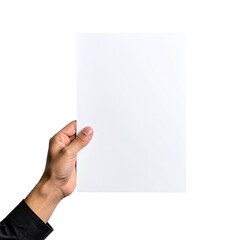 Fototapeta premium Hand holding a blank white sheet of paper against a black background empty