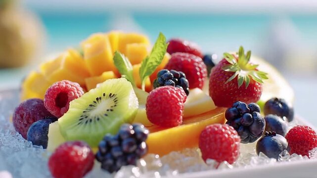 Fresh tropical fruit platter with juicy mango slices, kiwi, strawberries, raspberries, blueberries on ice, garnished with mint against turquoise poolside background