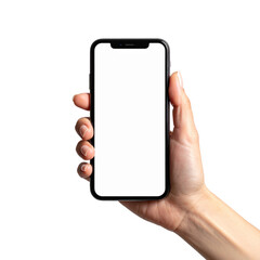 Hand holding a modern smartphone with a blank white screen against a black background