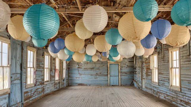 Paper lanterns of various colors hang from the ceiling in an old wooden barn room ready for celebrations, filled with light coming through the windows