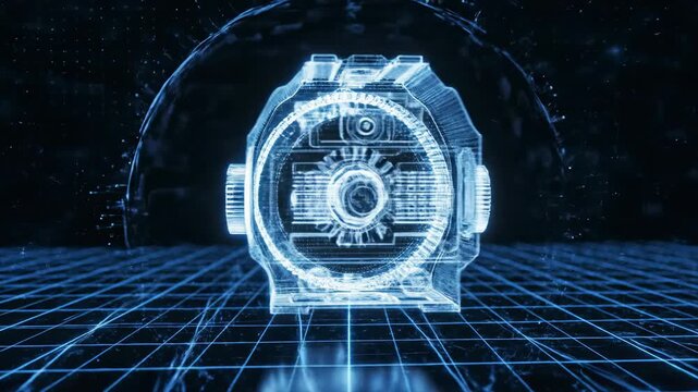 Seamless loop of a glowing blue and white wireframe holographic schematic of a powerful complex machine rotating slowly in a dark digital environment intelligence, schematic, digital