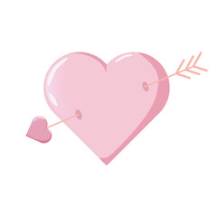 Glossy pink heart pierced by an arrow with heart-shaped tip and fletching, on white background