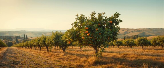 Fototapeta premium Citrus tree planting during summer in Sicily, Italy. Sicilian orchard