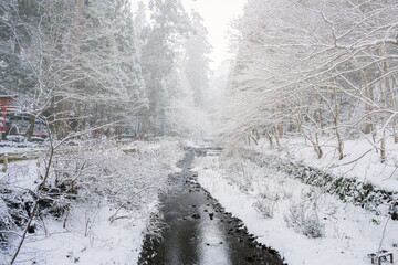 京都 貴船川の雪景色