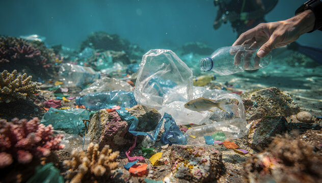 Underwater Scene of Marine Pollution with Diver Removing Plastic, highlighting Environmental Issues and Conservation Efforts in Ocean Ecosystems - 185