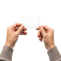Two hands holding a blank rectangular card isolated on a transparent background