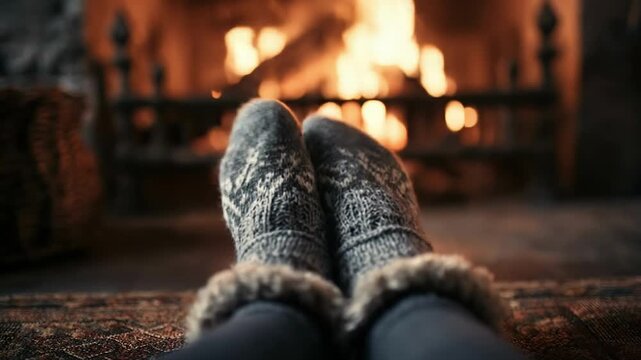 Cozy feet in knitted wool socks resting by a crackling fireplace. Warm flames glow against rustic stone hearth with basket nearby, evoking winter relaxation and comfort