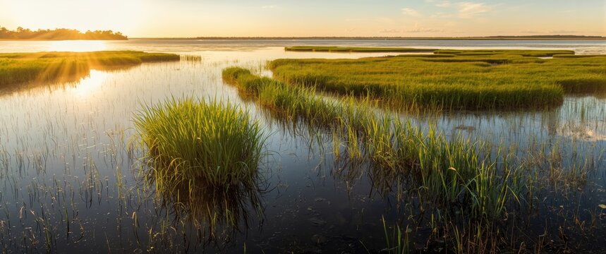 Sunset at St Marys River, Georgia showing coastal salt marsh and sea grass habitat